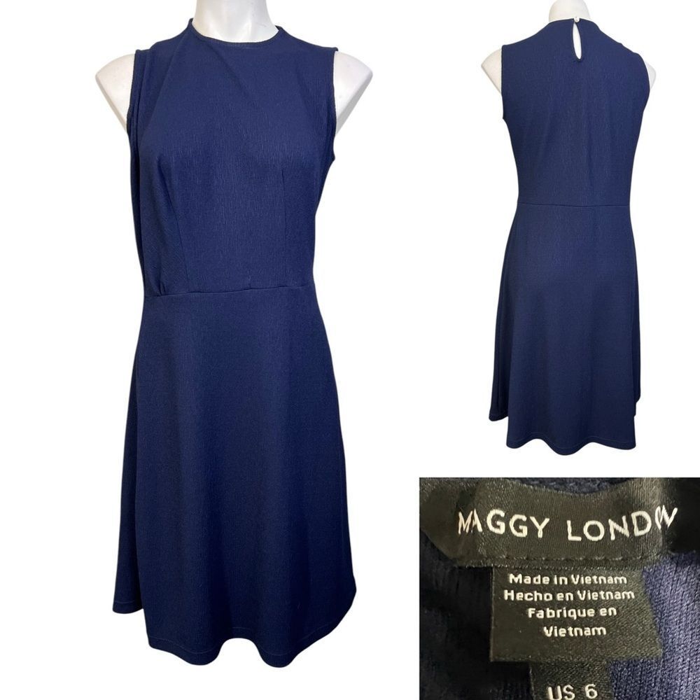 Maggy London dress sz 6‎ navy blue sleeveless A-line knee length office business